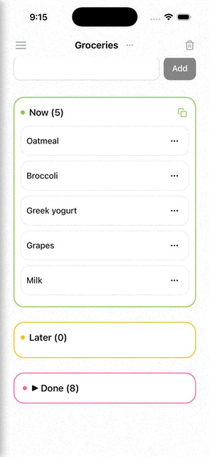 Nowlater app demonstration showing one-handed list interaction with swipe gestures